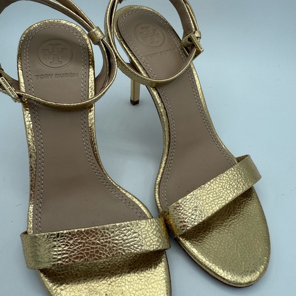 Tory Burch Gold Metallic Leather Ankle Strap Heels Sandals Size 5M - Picture 3 of 9